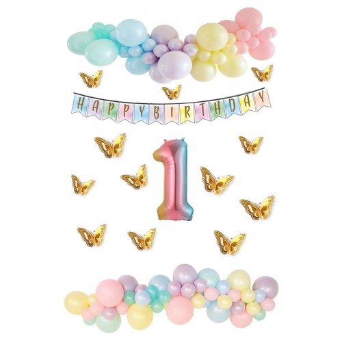 Kelebek Desenli Makaron Balon Doğum Günü Seti 1 Yaş