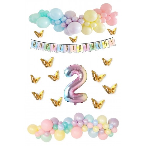 Kelebek Desenli Makaron Balon Doğum Günü Seti 2 Yaş