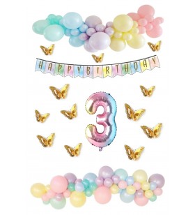 Kelebek Desenli Makaron Balon Doğum Günü Seti 3 Yaş