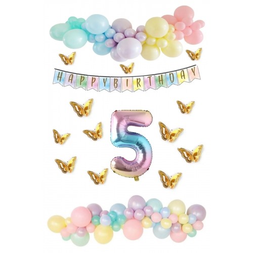 Kelebek Desenli Makaron Balon Doğum Günü Seti 5 Yaş