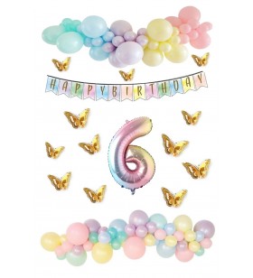 Kelebek Desenli Makaron Balon Doğum Günü Seti 6 Yaş