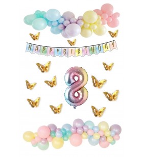 Kelebek Desenli Makaron Balon Doğum Günü Seti 8 Yaş
