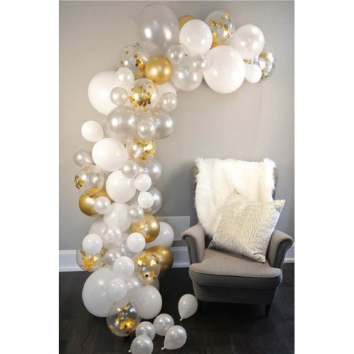 Altın-Beyaz-Şeffaf Renkler Dekorasyon Balon Zinciri 62 Parça
